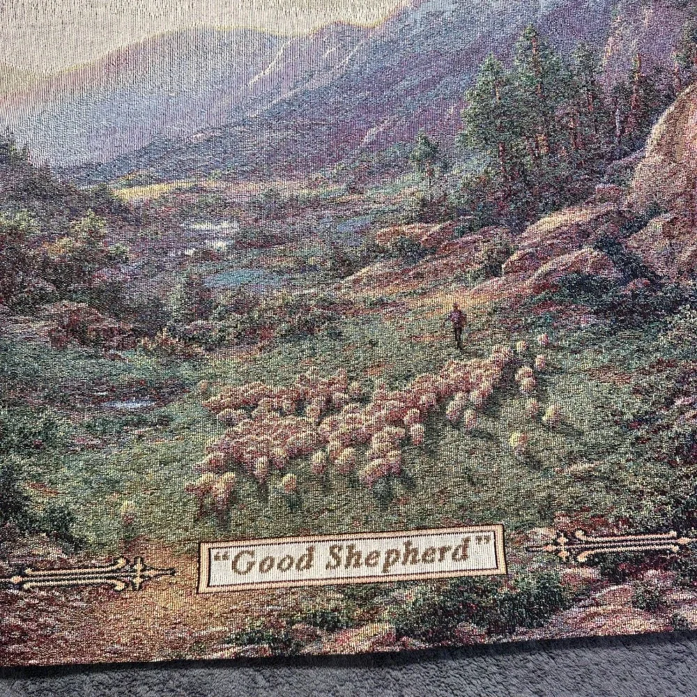 Vintage Good Shepherd Woven Wall Tapestry By Larry Dyke Pastoral Scene 35x24